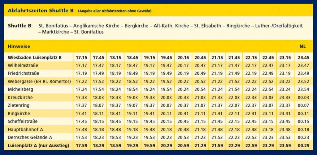 Fahrplan Shuttle Nacht der Kirchen