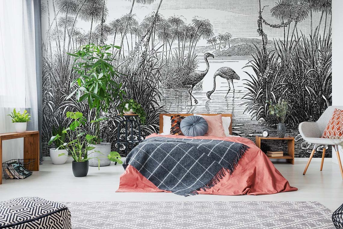 Fototapete mit Tieren als botanische Illustration im Schlafzimmer