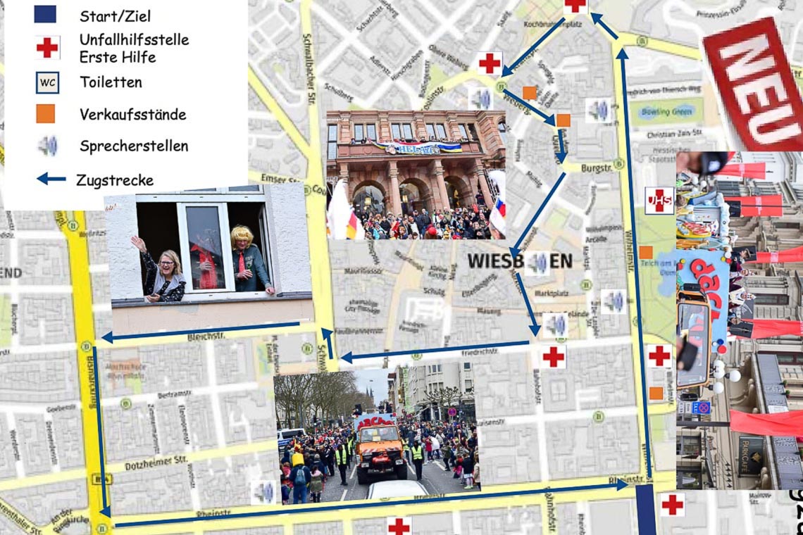 Wegstrecke des Fastnachtssonntagsumzugs in Wiesbaden