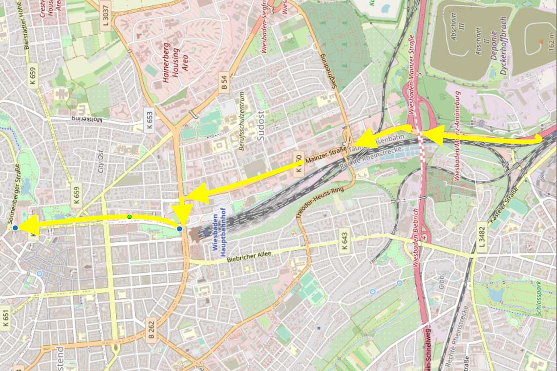 Streckenverlauf der LKW-Demo durch Wiesbaden.