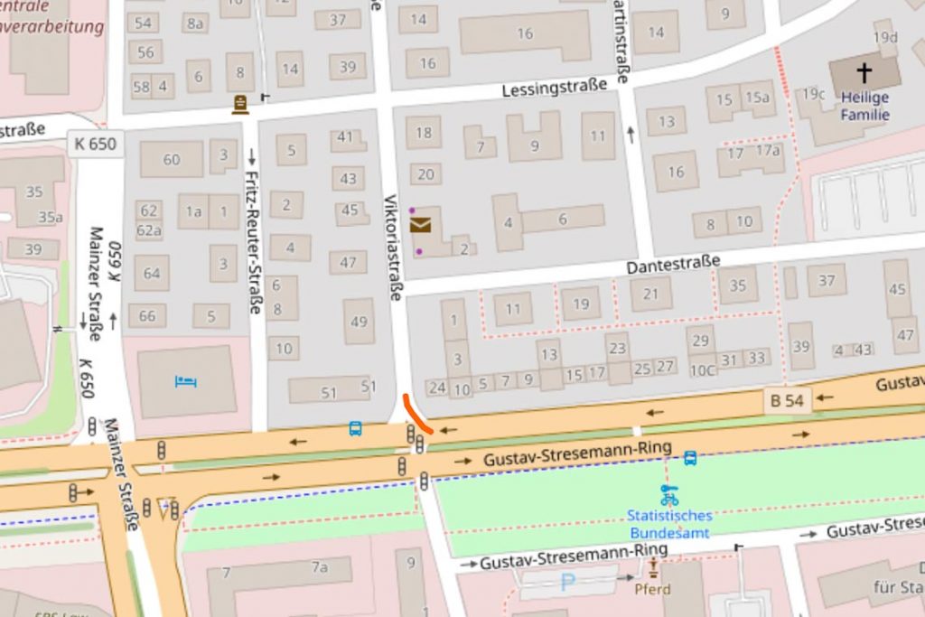 Karte zeigt Viktoriastrasse und Lessingstrasse im Ortsbezirk Südost.