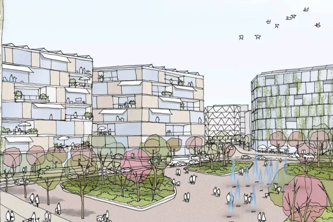 Entwurf von Schneider +schumacher | Ostfeld für Alle“ ist die Vision einer sozialverträglichen, partizipativen und ökologischen Stadtentwicklung, orientiert an gründerzeitlichen Vorbildern des Wiesbadener Blocks; eine grüne, gerechte, produktive und lebendige Stadt!