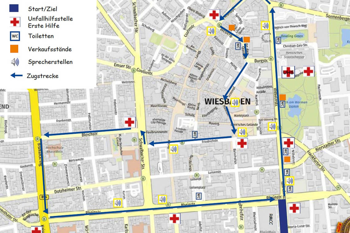 Fastnachtsonntagsumzug in Wiesbaden, der Zugweg des Lindwurms.