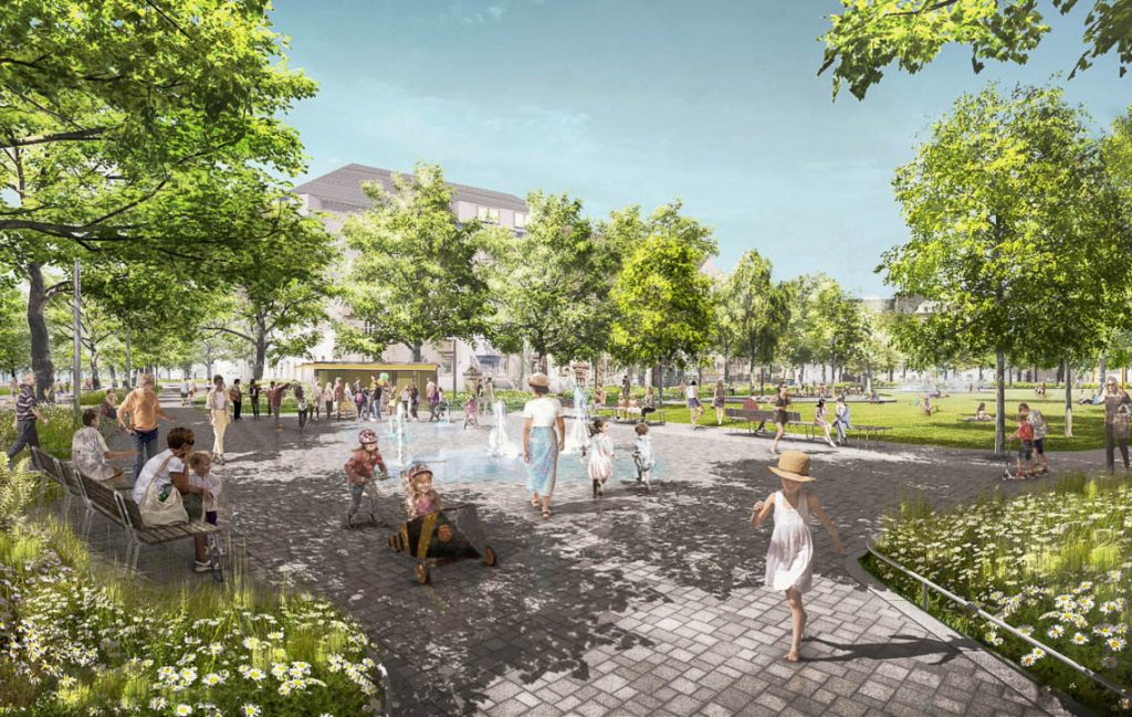 Neuer Quartiersplatz aus Sicht der aktuellen Bushaltestelle Elsässer Platz an der Klarenthaler Straße. ©2025 Franz Reschke Landschaftsarchitektur GmbH