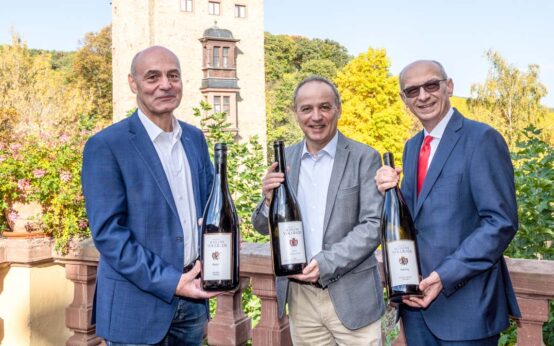 „Weingutsdirektor Dr. Rowald Hepp, sein Nachfolger Ralf Bengel und Bertram Theilacker, Vorsitzender des Beirats von Schloss Vollrads (v.l.n.r.) vor dem Wohnturm von Schloss Vollrads.