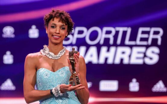 Malaika Mihambo poses with her "Sportswoman of the Year" award during the "Sportler des Jahres" Gala (German athlete of the year) at Kurhaus Baden-Baden on December 20, 2020 in Baden-Baden, Germany. (Photo by Alexander Hassenstein/Getty Images)
