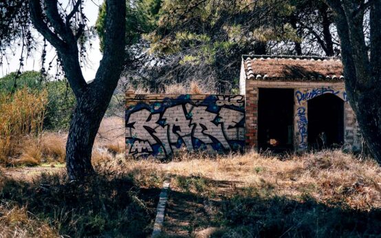 Vandalismus, Mit Graffitti beschmiertes haus in der Natur