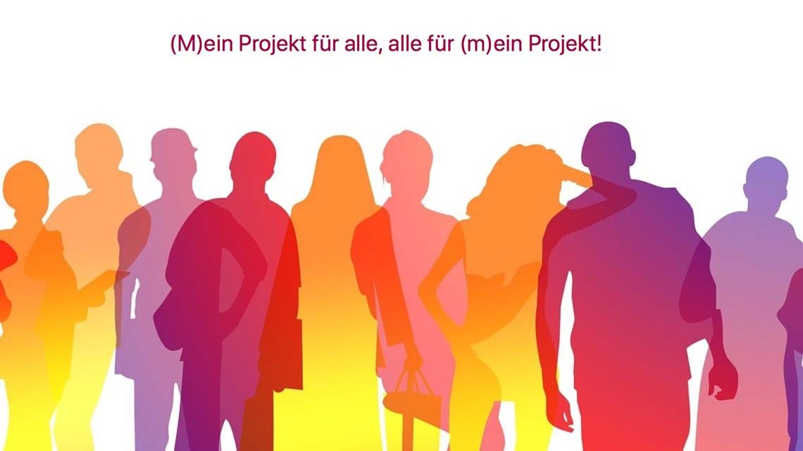 Screenshot der Seite (M)ein Projekt für alle, alle für (m)ein Projekt!, Menschen stehen unt tauschen sich aus.