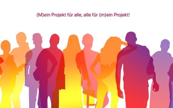 Screenshot der Seite (M)ein Projekt für alle, alle für (m)ein Projekt!, Menschen stehen unt tauschen sich aus.