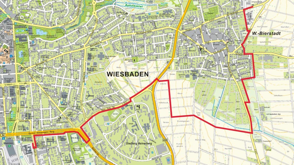 Karte Hochspannungsleitung von der Gartenfeldstraße nach Bierstadt.