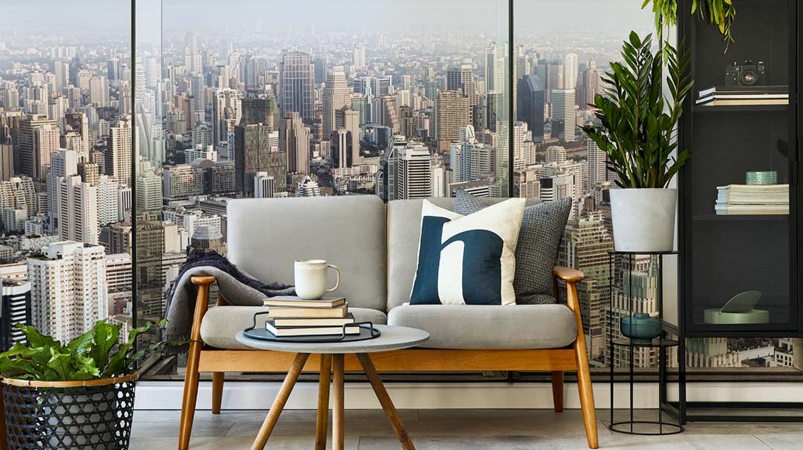 Wohnzimmer mit 3D-Fototapeten, mitten in New York.