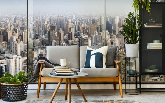 Wohnzimmer mit 3D-Fototapeten, mitten in New York.