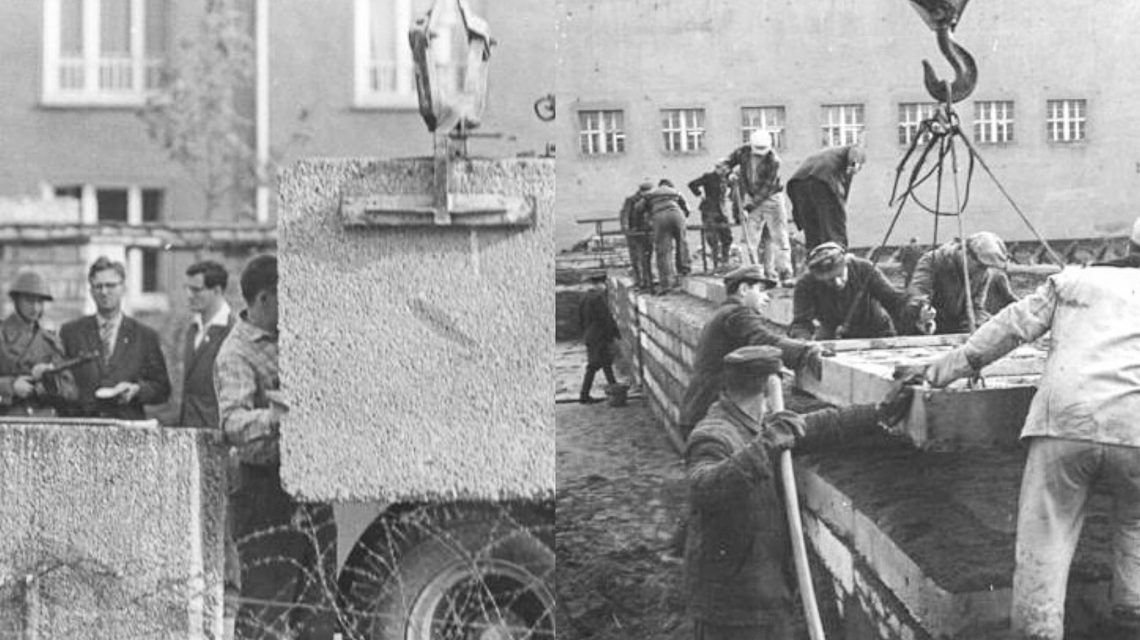 Mauerbau, Aufstellen von Betonblöcken, 1961