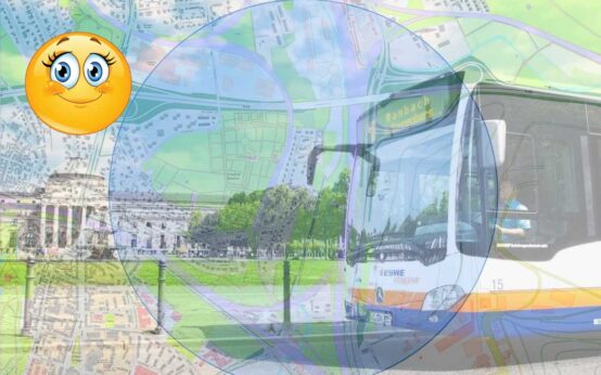Bus fährt über die WilhelmstraßeBusumleitung, Straßenkarte mit Bus im Hintergrund.