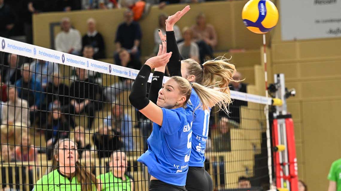 der Doppelblock von Jodie Guilliams und Lena Große Scharmann hält hier nicht.- Punkt für Münster