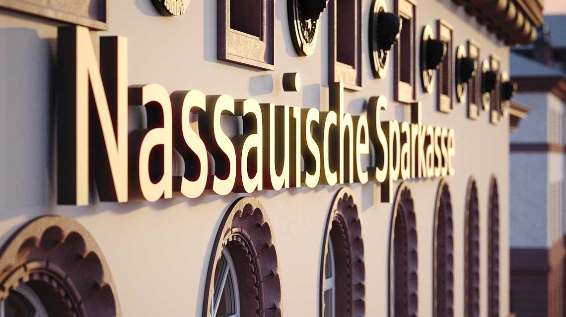 Naspa, Schriftzug und Fassade des Geschäftshaus in der Rheinstraße