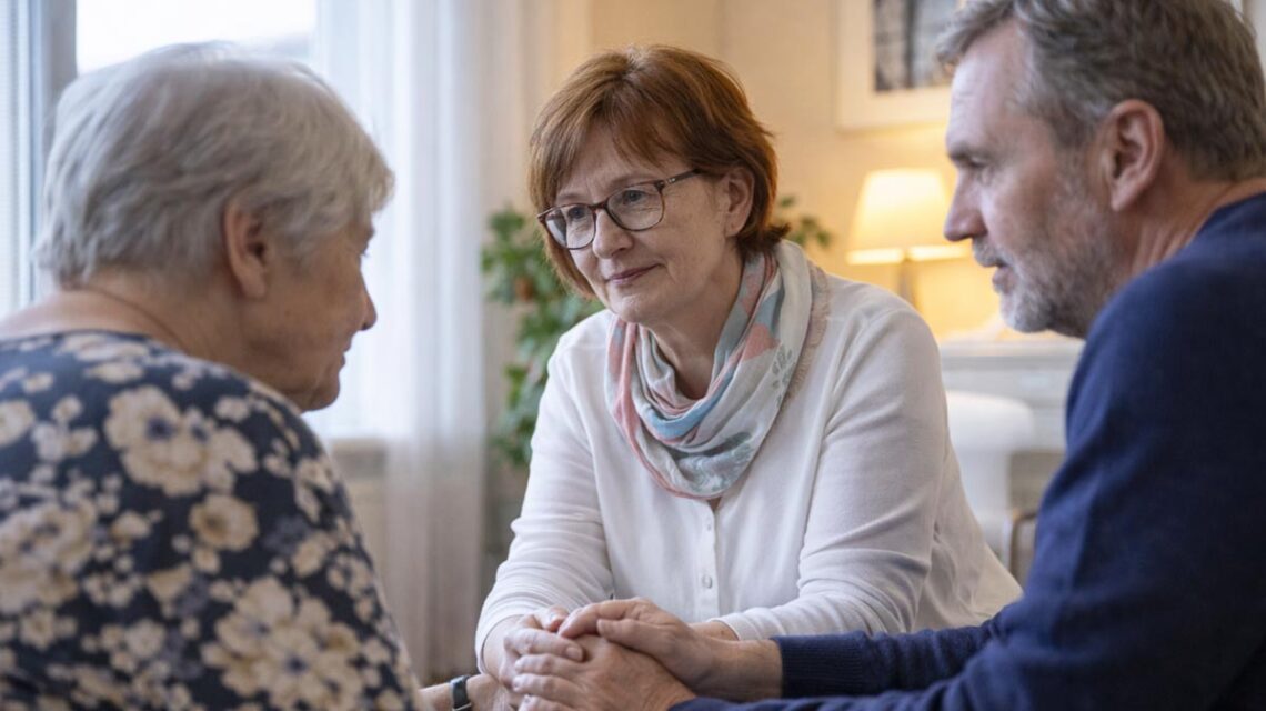 Demenzberatung, zwei Personen sprechen mit einer älteren Dame.