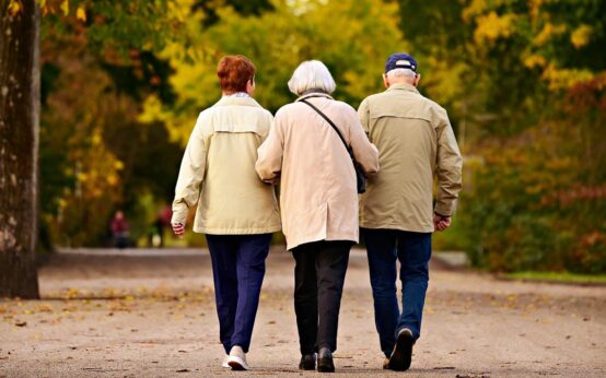 Drei ältere Personen spazieren durch einen Park.