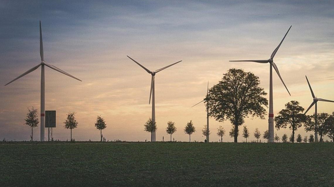 Grüner Strom, Strom, Windräder zwischen Bäumen.