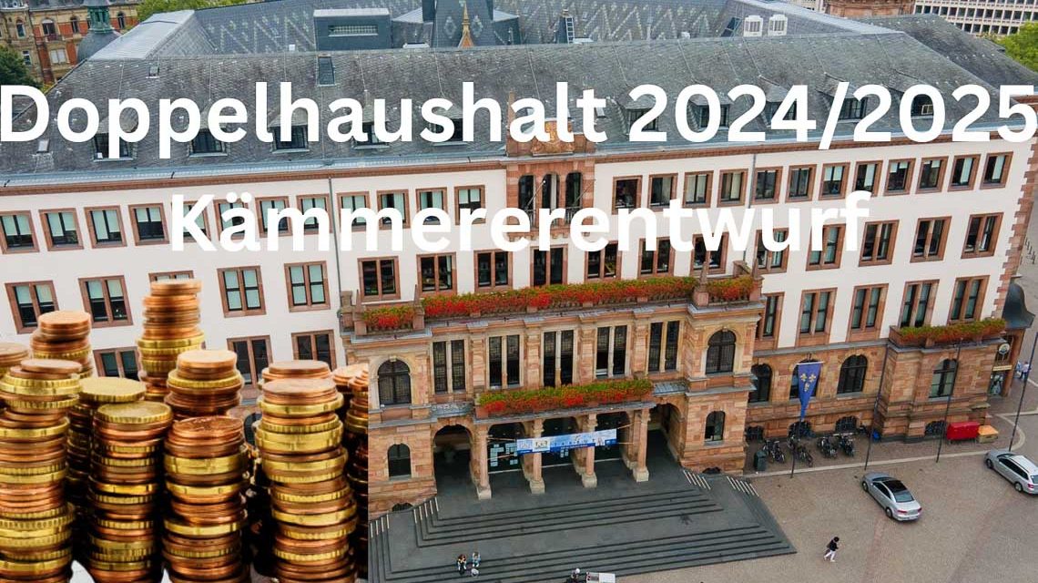 Doppelhaushalt 2024/2025, Das Bild zeigt das Rathaus von Wiesbden mit einem Geldhaufen