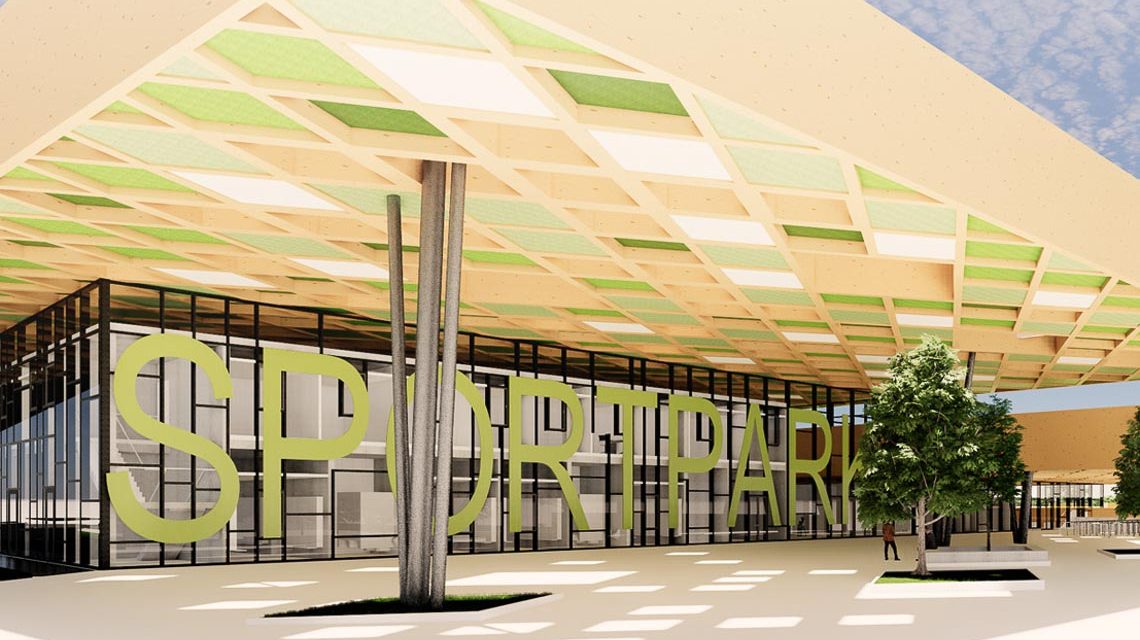 Model Sportpark Rheinhöhe, Außenansicht.