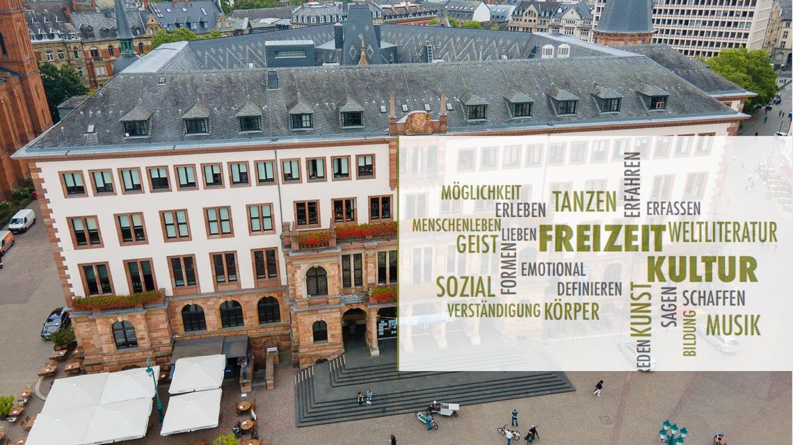 Das Bild zeigt das Rathaus in Wiesbaden und einen Hinweise auf das Freizeit und Kulturprogramm.