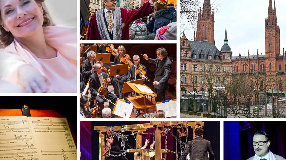 Februar 2024: Hinweis auf dem Veranstaltungskalender von Wiesbaden. Fotos aus einzelnen Veranstaltungen.