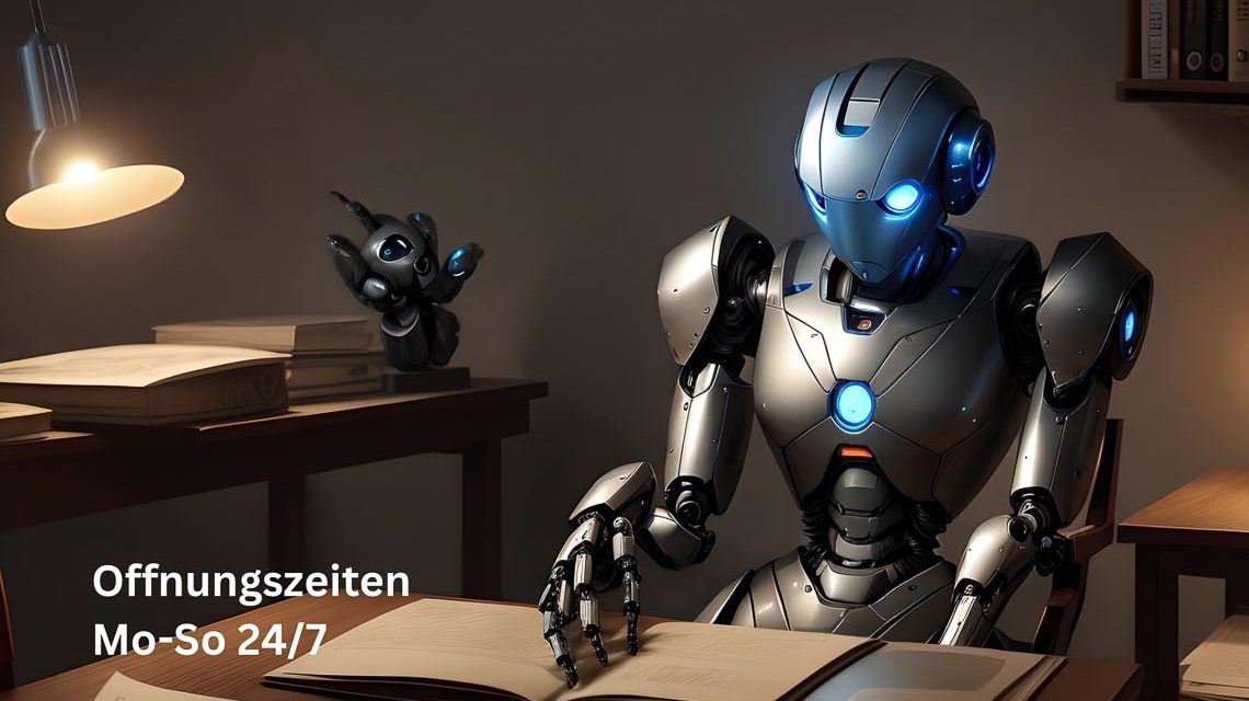 Roboter setzt am Schreibtisch un bearbeitet Akten.