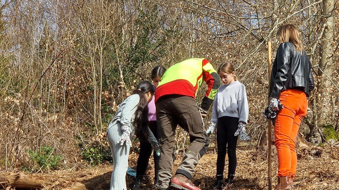 21 Kinder der Grundschule Schelmengraben waren eifrig dabei, als 25 Exemplare der „Echten Mehlbeere“, dem „Baum des Jahres 2024“ im Weilburger Tal gepflanzt wurden. Sie wurden dabei unterstützt und begleitet von städtischen Mitarbeitenden und von Bürgermeisterin Christiane Hinninger (rechts).