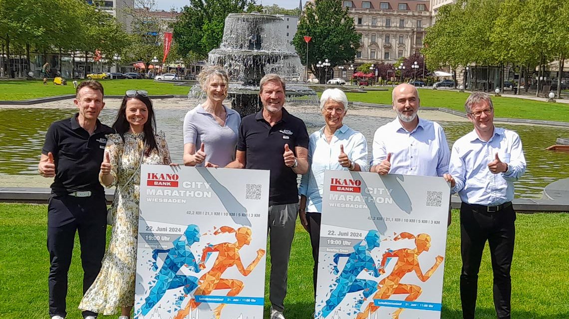 Freuen sich auf den 3. Ikano City Bank Marathon im Juni. V.l.: Kai Walter, Sibelle Kanczok (Ikano Bank), Heike Henkel, Andreas Steinbauer, Prof. Marina Fuhrmann (Vorstandsvorsitzende Verband der Osteopathen Deutschland e.V.), Murat Taskin (Ikano Bank), Dr. Tilo Nemuth (Sporthilfe Wiesbaden).