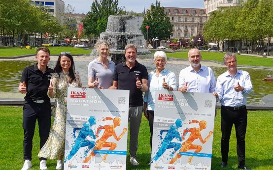 Freuen sich auf den 3. Ikano City Bank Marathon im Juni. V.l.: Kai Walter, Sibelle Kanczok (Ikano Bank), Heike Henkel, Andreas Steinbauer, Prof. Marina Fuhrmann (Vorstandsvorsitzende Verband der Osteopathen Deutschland e.V.), Murat Taskin (Ikano Bank), Dr. Tilo Nemuth (Sporthilfe Wiesbaden).