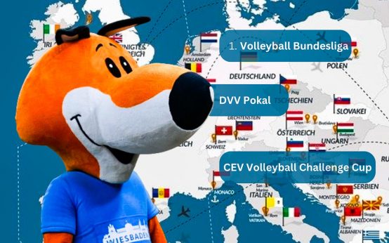 Europakarte: Das Maskottchen des VC Wiesbaden schaut auf die kommende Saison.