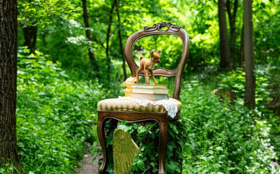Ein gepolsterter Stuhl im Wald mit Büchern darauf nd einem Rehkitz.