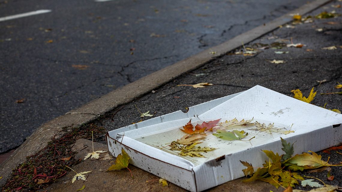 Pizzakarton am Straßenrand, Stadtreinigung