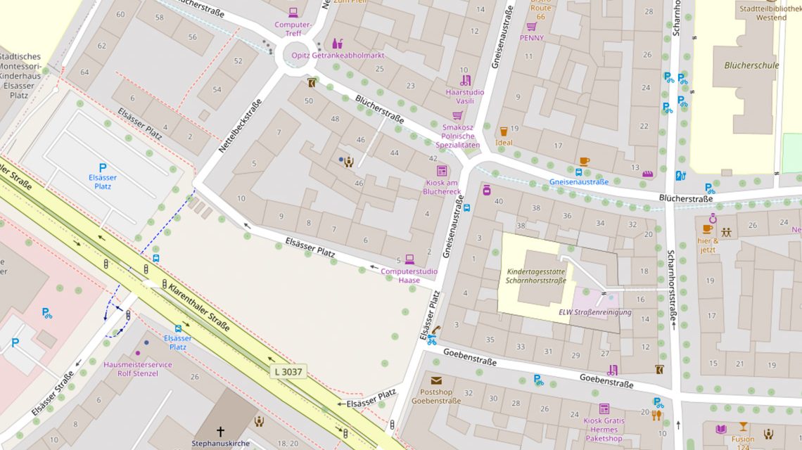 Karte zeigt Elsässer Platz im Westend.