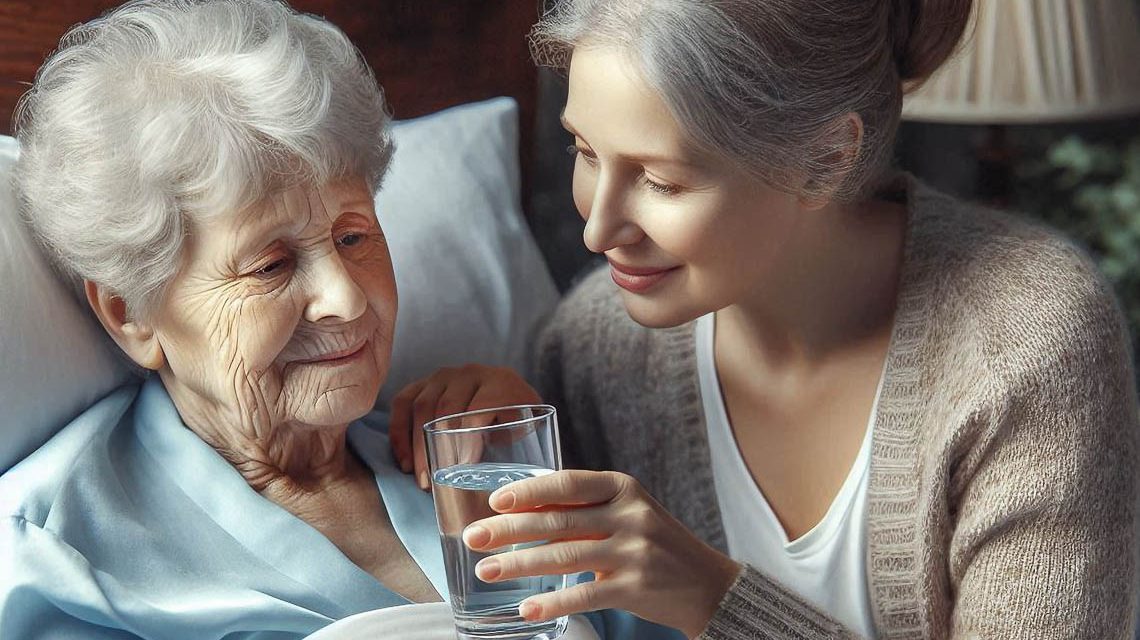 Junge Frau pflegt Mutter, hilft ihr beim Trinken im Bett.