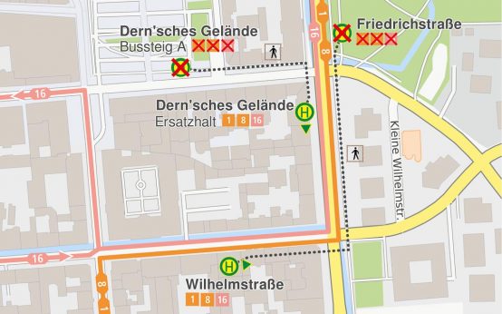 Aufgrund einer Baumaßnahme im Kreuzungsbereich Wilhelmstraße Ecke Friedrichstraße gilt ab Montag, 30. September, bis voraussichtlich Samstag, 26. Oktober für die ESWE-Linien 1, 8, 16 und N10 ein geänderter Fahrtweg in Richtung Hauptbahnhof.