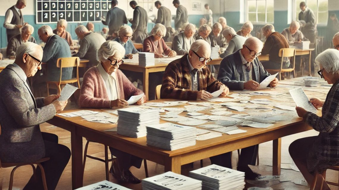 Wahlhelfer, ein Raum mit einem großen Tisch, auf dem Wahlzettel gestapelt sind. Menschen in verschiedenen Altersgruppen, darunter auch ältere Menschen, sitzen oder stehen um den Tisch und zählen die Stimmzettel aus. Einige der Senioren tragen Brillen und konzentrieren sich auf die Zettel. Im Hintergrund sieht man eine Tafel oder ein Flipchart mit Wahlergebnissen. Die Atmosphäre ist ruhig und organisiert, mit einem Gefühl von Verantwortung. Der Raum ist hell erleuchtet und wirkt wie ein Gemeinschaftszentrum oder ein Wahllokal