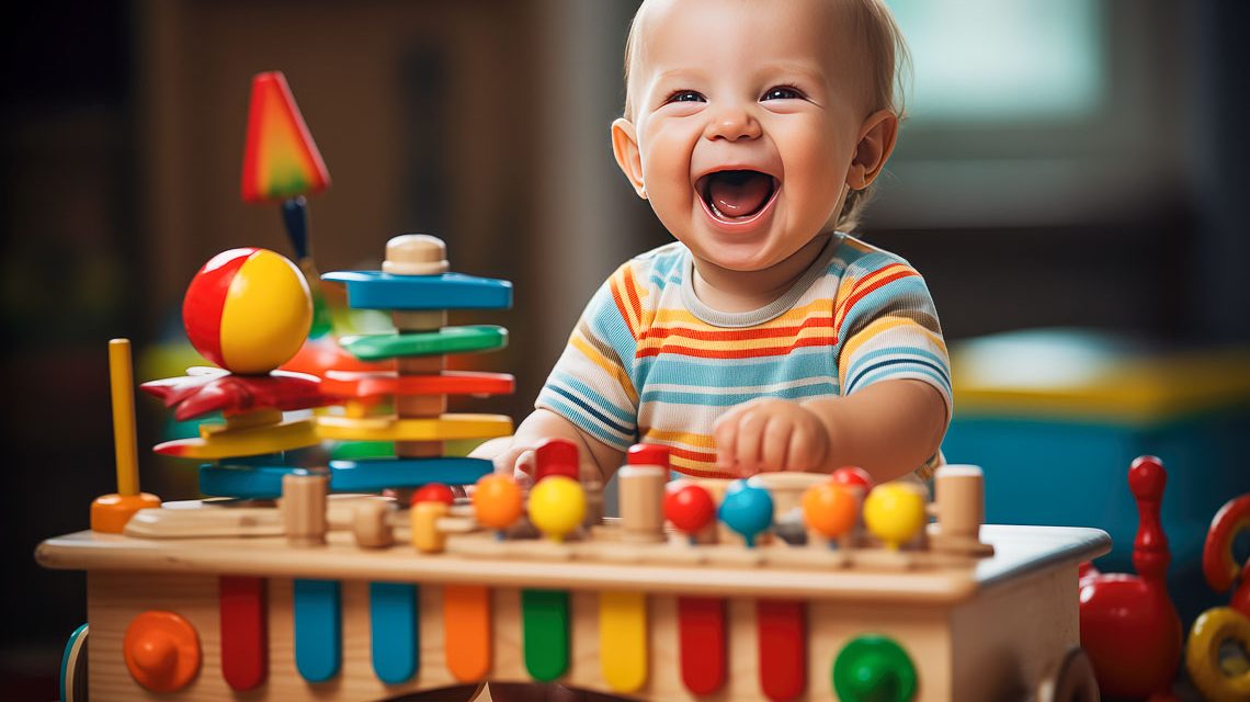Strahlendes Kind mit Spielzeug, vielleicht i Kinderhaus Elsässer Platz?