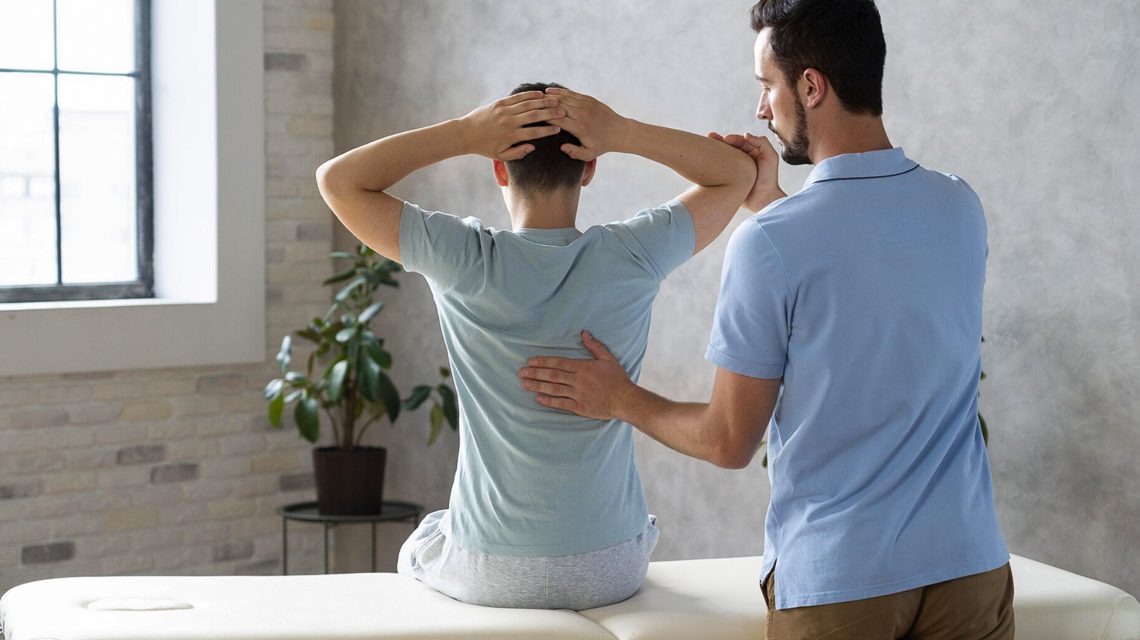 Physiotherapeut mit Patient in der Praxis.