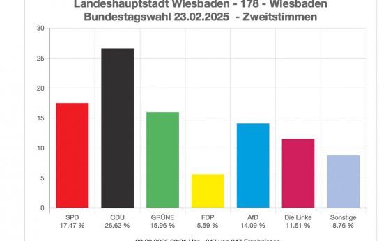 Bundestagswahl 2025, Endergebnis Wahlbezirk 178, Wiesbaden. Wahlergebnis.