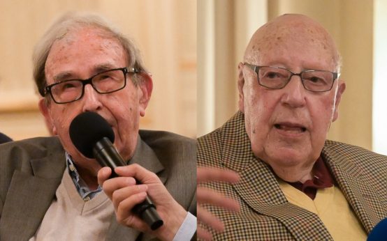 Zeitzeugengespräch: Rudi Schmitt (rechts) und Dr. Gerhart Best (links) im Gespräch über Kriegsende, Neubeginn und Demokratie in der Casino-Gesellschaft Wiesbaden. Foto: Volker Watschounek