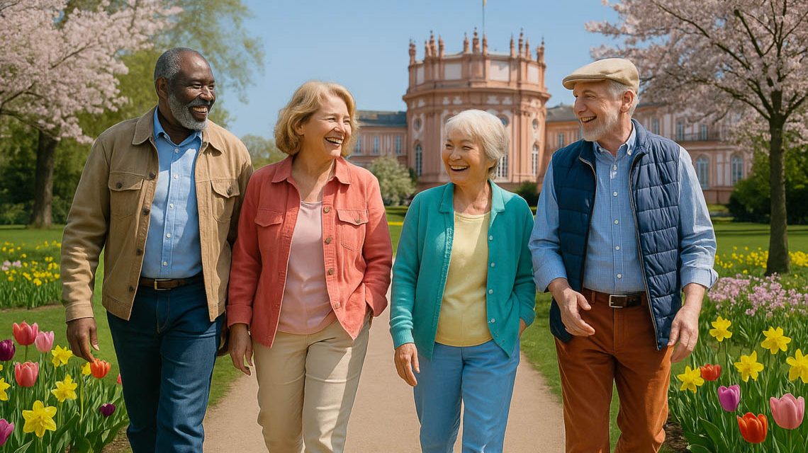 Vier Personen schlendern durch den Schlosspark.