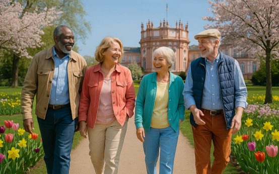 Vier Personen schlendern durch den Schlosspark.