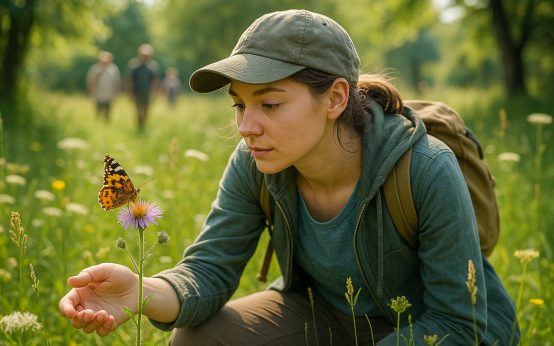 Biodiversitätsstrategie: Eine Teilnehmerin betrachtet einen Schmetterling bei einer Exkursion der Wiesbadener Wochen der biologischen Vielfalt – hautnah Natur erleben und verstehen.