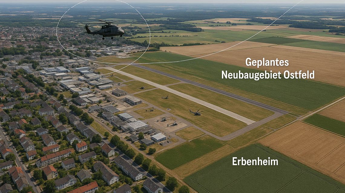 Hubschrauber starten und landen am Militärflugplatz Erbenheim – direkt neben dem geplanten Neubaugebiet Ostfeld in Wiesbaden. Fluglärm und Wohnungsbau geraten hier in Konflikt.
