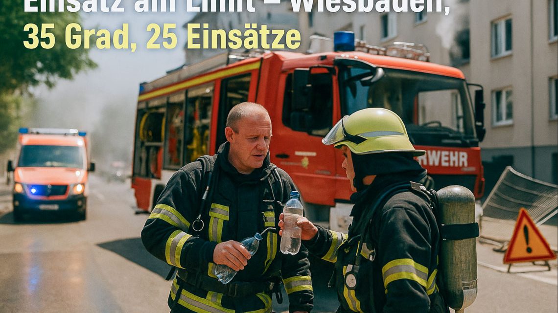 Einsatz unter Extrembedingungen: Feuerwehrkräfte in Wiesbaden löschen am Mittwoch einen brennenden Mähdrescher auf einem trockenen Feld – bei über 30 Grad im Schatten.
