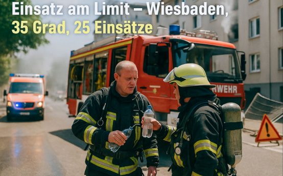 Einsatz unter Extrembedingungen: Feuerwehrkräfte in Wiesbaden löschen am Mittwoch einen brennenden Mähdrescher auf einem trockenen Feld – bei über 30 Grad im Schatten.