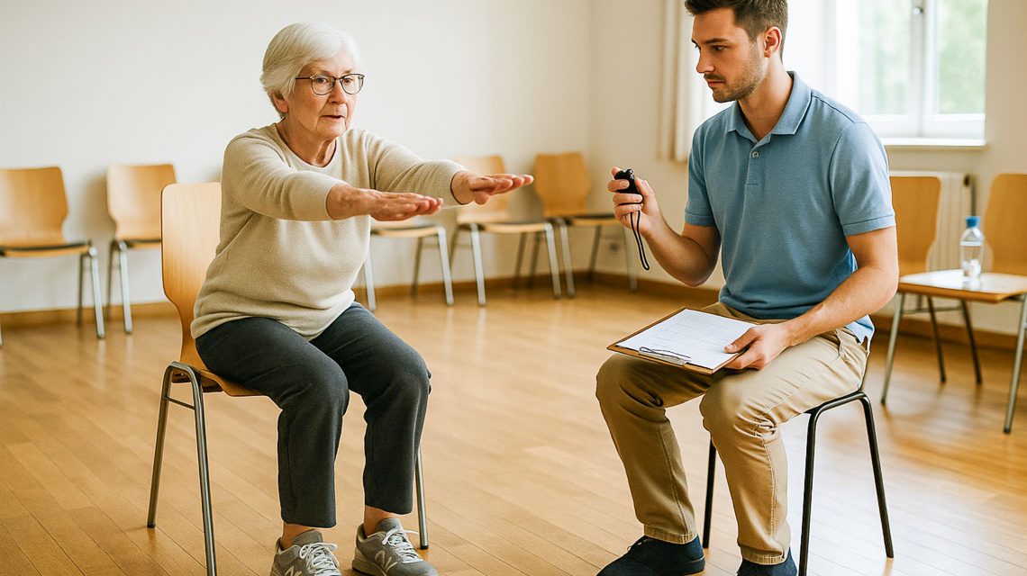 Alltags-Fitness-Tester mit Senior im Testraum.