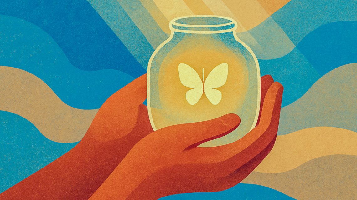 Behutsame Hilfe: Die Hände stehen für medizinische Unterstützung, das Glasgefäß für verletzliche Schutzbedürftigkeit. Der Schmetterling symbolisiert Hoffnung und Wandlung – das Licht weist den Weg zu Sicherheit und Selbstbestimmung.